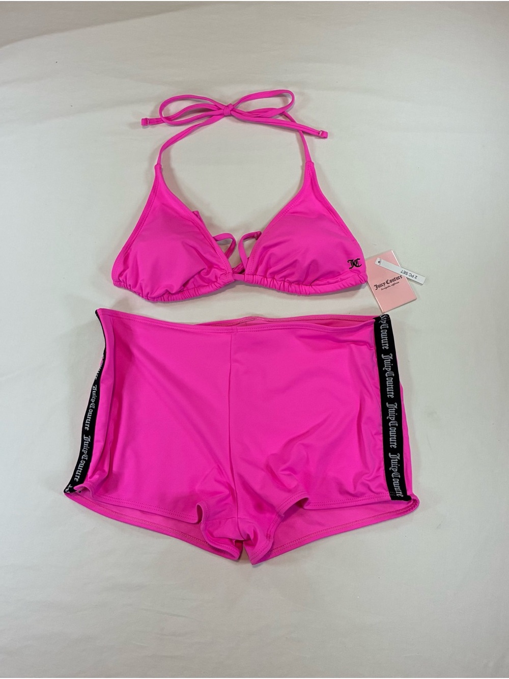 Juicy Couture Neon Pink Triangle Bikini Top with Branded Side-Trim Boyshorts